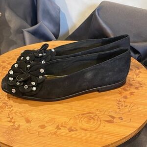 Two Lips Black Flats with Rhinestone Flowers